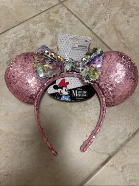 Disney Pink Sequin Minnie Mouse Ear Headband with Iridescent Bow